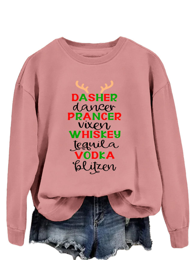 Womens Merry Christmas Letter Print Dasher Dancer Prancer Crew Neck Sweatshirt