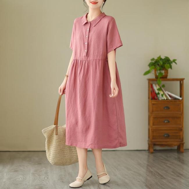 Women's Cotton Linen Dress Crew Neck Short Sleeve Midi Dress Solid Dress