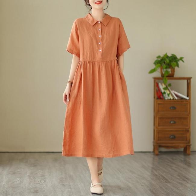 Women's Cotton Linen Dress Crew Neck Short Sleeve Midi Dress Solid Dress