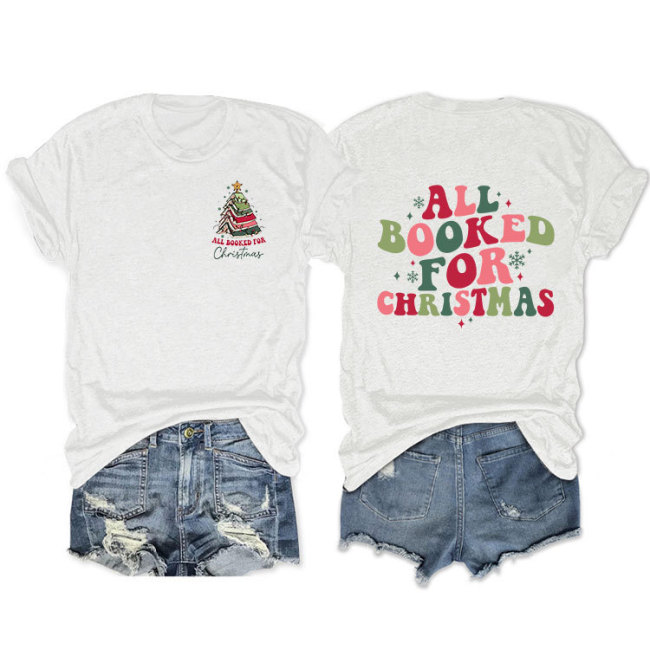 Women's Front Back Double Print T-Shirts Funny Merry Christmas Letter Print Retro Tee