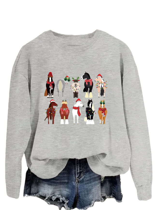 Womens Merry Christmas Crewneck Sweatshirt Funny Horse Celebrate Holiday Sweatshirt