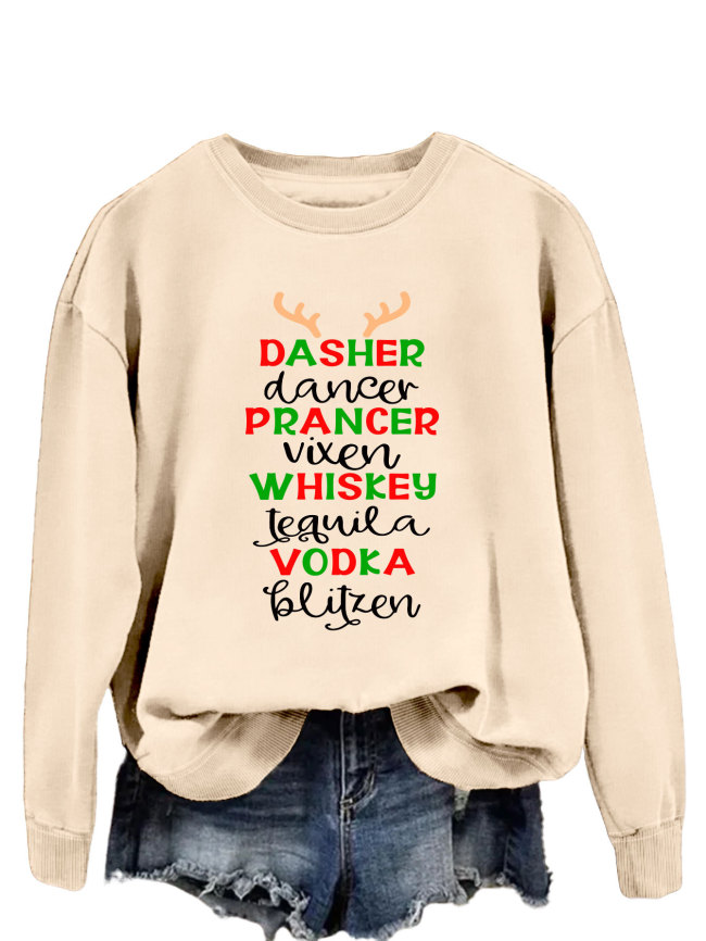 Womens Merry Christmas Letter Print Dasher Dancer Prancer Crew Neck Sweatshirt