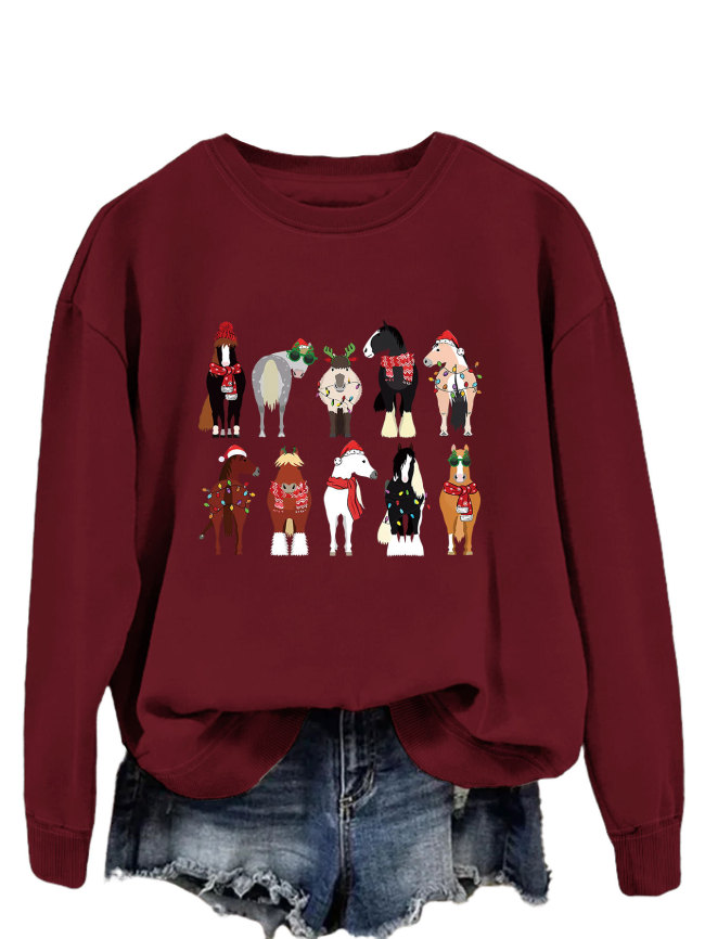 Womens Merry Christmas Crewneck Sweatshirt Funny Horse Celebrate Holiday Sweatshirt