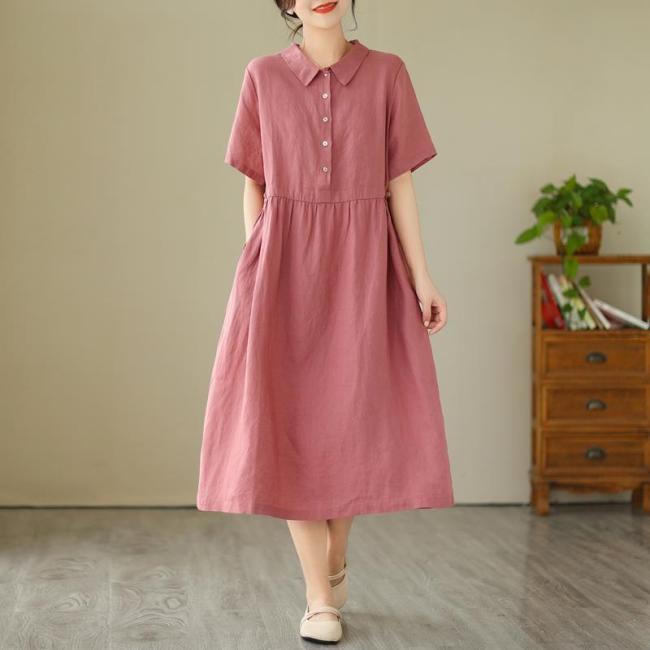 Women's Cotton Linen Dress Crew Neck Short Sleeve Midi Dress Solid Dress