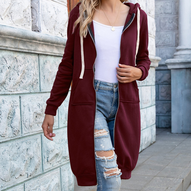 Women's Long Length Cardigan Solid Color Pocket Long Cardigan with Hoodie