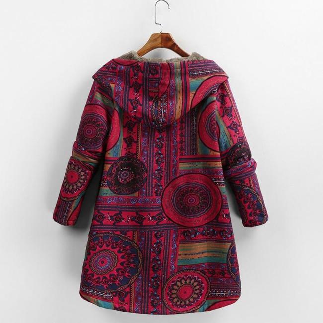 Women's West Ethnic Floral Coat Fleece Warm Hoode Jacket Coat