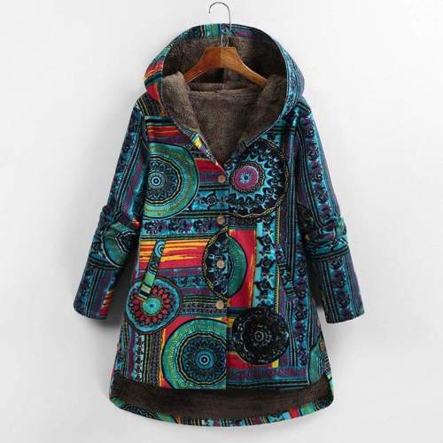 Women's West Ethnic Floral Coat Fleece Warm Hoode Jacket Coat