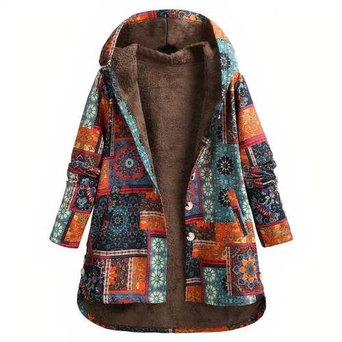 Women's Fall Winter Ethnic Floral Coat Fleece Warm Hoode Jacket Coat