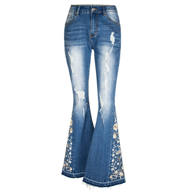 Women's Embroidery Floral Flared Jeans 3D Floral Western Denim Jeans