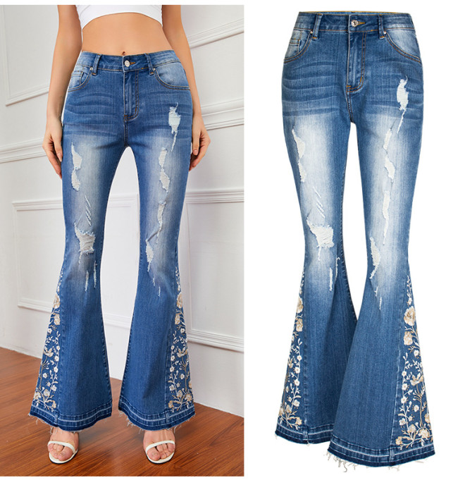 Women's Embroidery Floral Flared Jeans 3D Floral Western Denim Jeans