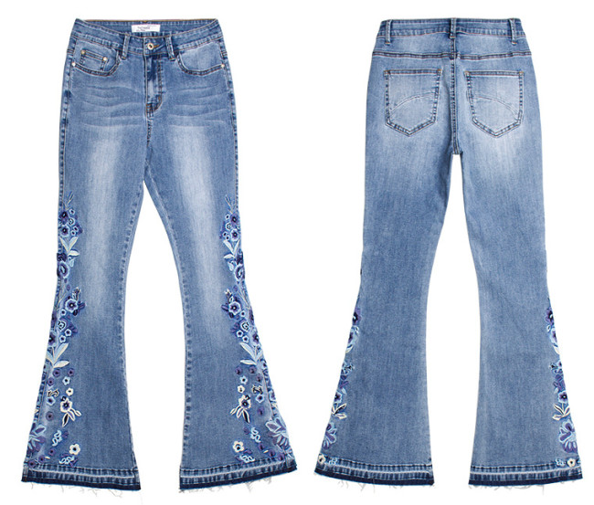 Women's 3D Embroidery Floral Flared Jeans High End Floral Western Cowgirl Denim Jeans