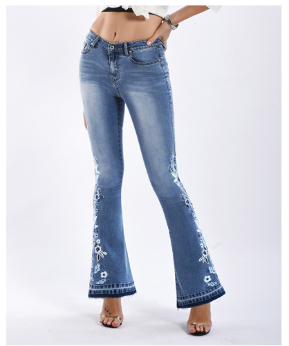 Women's Embroidery Floral Flared Jeans 3D High End Floral Western Denim Jeans