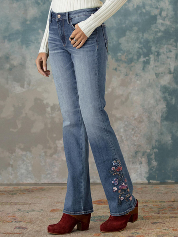 Women's Cowgirl Denim Jeans Side Embroidery Floral Flared Western Denim Jeans