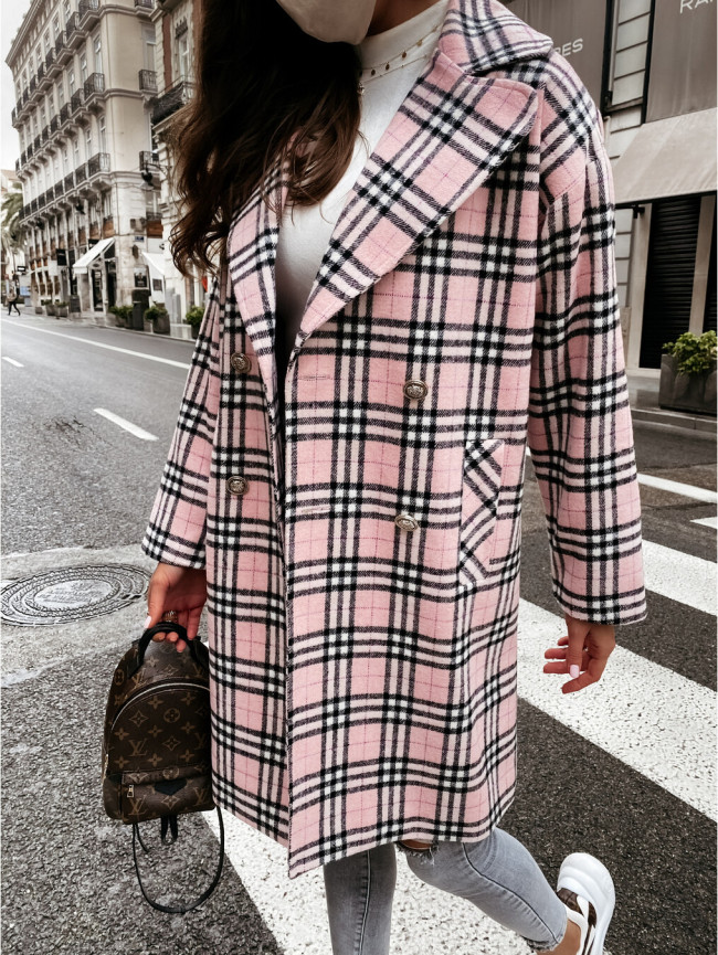 Women's Plaid Long Jacket Lapel Double Button Down Plaid Woolen Jacket