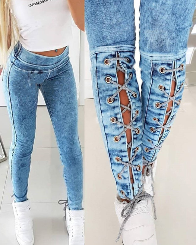 Women's Skinny Elastic Waist Jeans Boyfriend Strappy Feet Denim Jeans