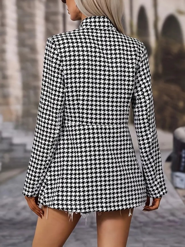 Women's Houndstooth Jacket Stand Collar Cardigan Houndstooth Slim Fit Coat
