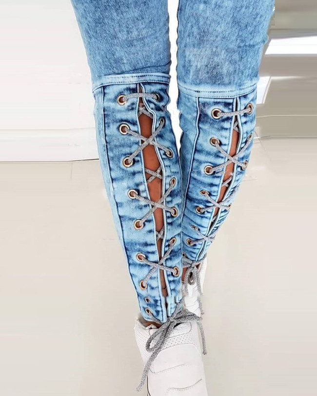 Women's Skinny Elastic Waist Jeans Boyfriend Strappy Feet Denim Jeans