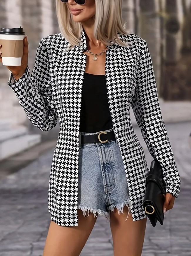 Women's Houndstooth Jacket Stand Collar Cardigan Houndstooth Slim Fit Coat