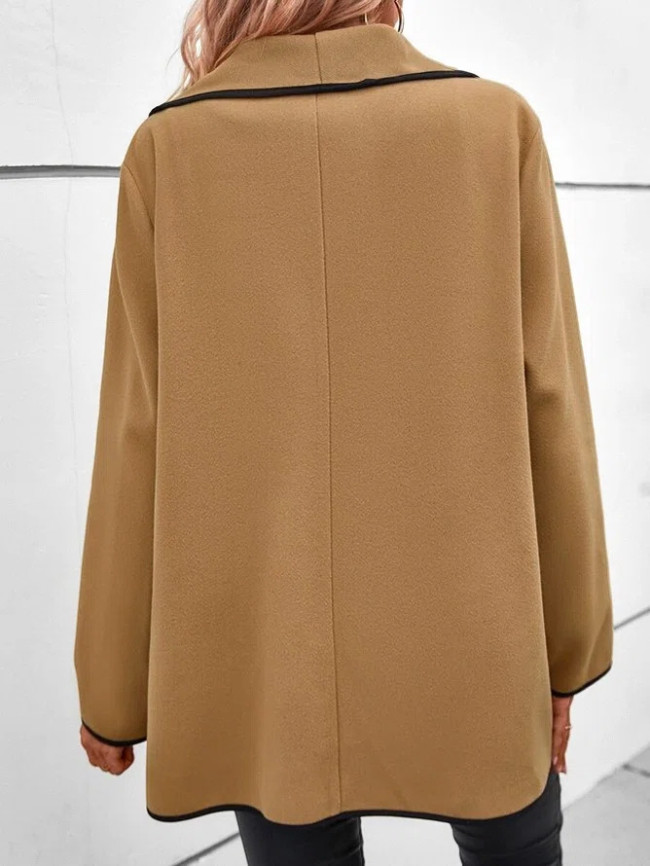 Women's Solid Long Jacket Lapel Open Front Brown Woolen Jacket