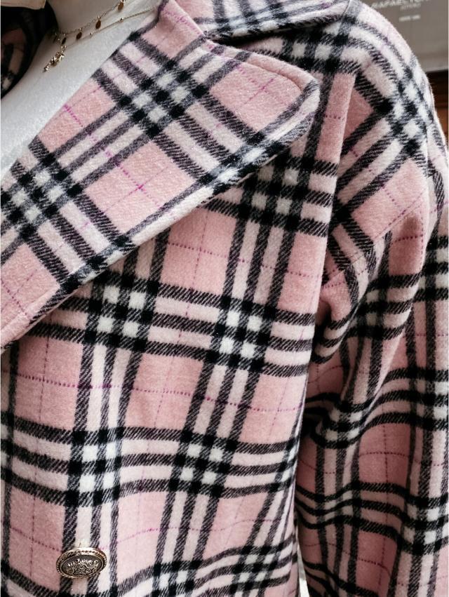 Women's Plaid Long Jacket Lapel Double Button Down Plaid Woolen Jacket