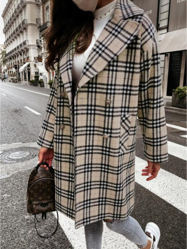 Women's Plaid Long Jacket Lapel Double Button Down Plaid Woolen Jacket