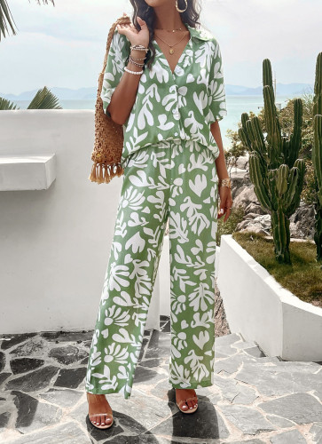 Women's 2024 Spring 2Piece Set Casual Short Sleeve Vacation Print Shirt and Straight Long Pant