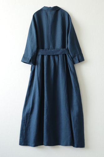 Women's Cotton Linen Lapel Mid Sleeve Single Breasted Dress