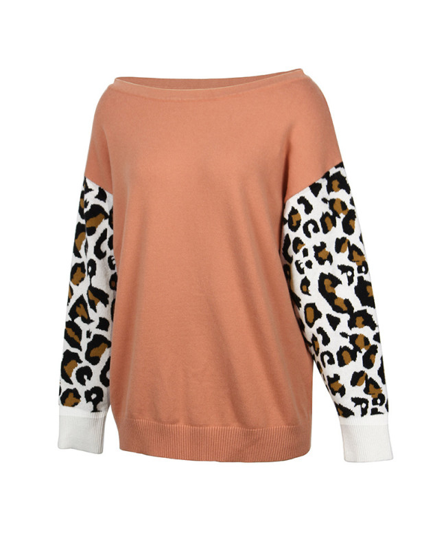 Clearance Women's off Shoulder Knitted Color Block Sweater Leopard Print Sweater