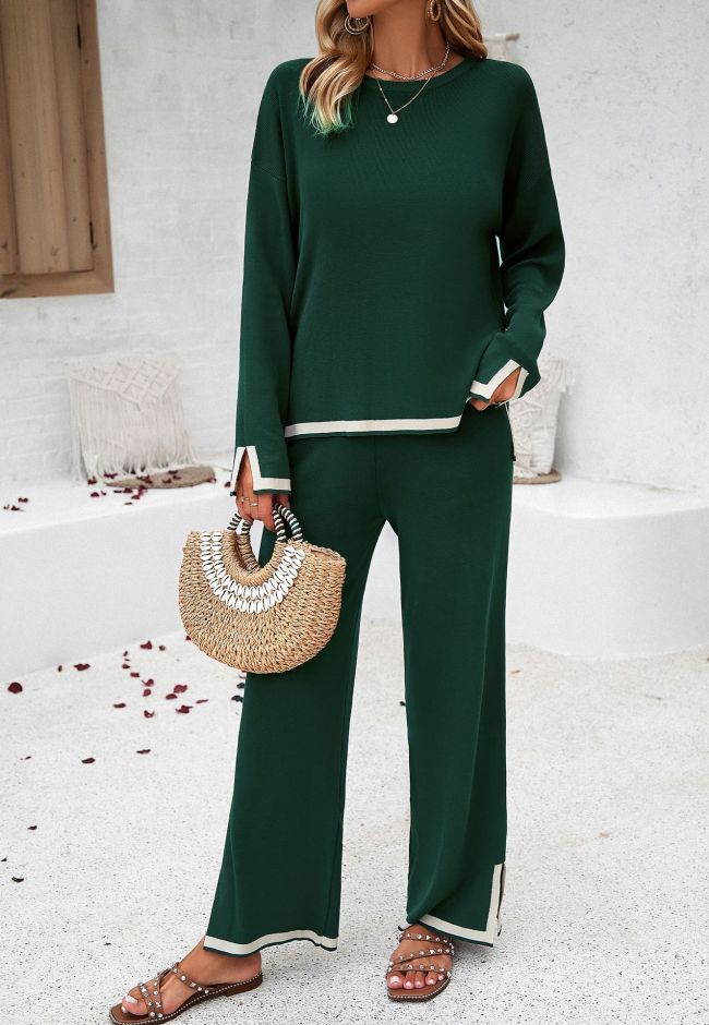 Women's 2024 Spring 2Piece Knit Set Casual Long Sleeve Knitted Top and Straight Long Pant