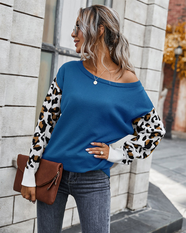 Clearance Women's off Shoulder Knitted Color Block Sweater Leopard Print Sweater
