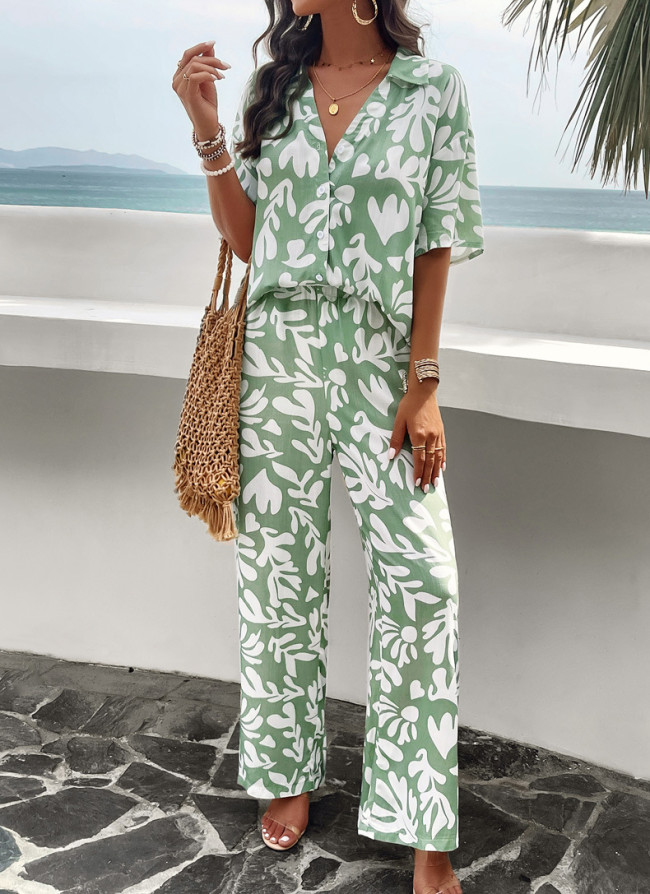 Women's 2024 Spring 2Piece Set Casual Short Sleeve Vacation Print Shirt and Straight Long Pant