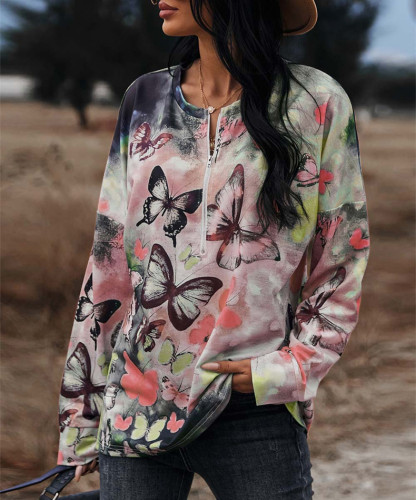 Clearance Women's T-Shirt Butterfly Print Long Sleeve Zipper up Tee