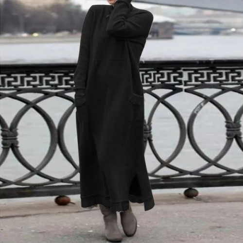 Women's Winter Dress Crew Neck Long Sleeve Solid Lace Hem Maxi Dress