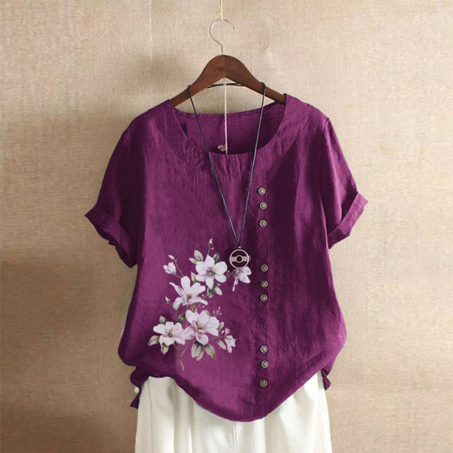 Women's Cotton Linen Loose Blouse Floral Print Short Shirt Shirt 15Colors