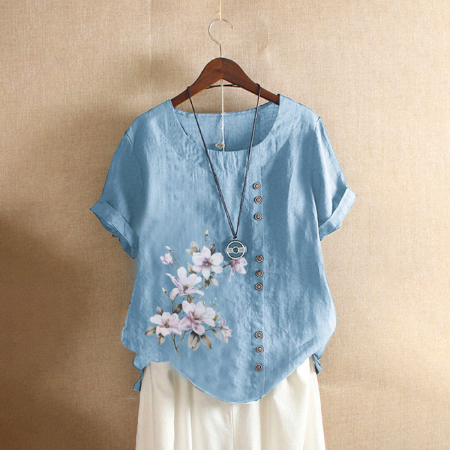 Women's Cotton Linen Loose Blouse Floral Print Short Shirt Shirt 15Colors