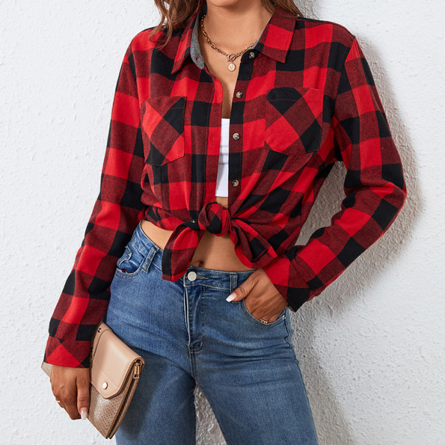 Women's Cotton Plaid Shirt Light Weight Long Sleeve Lapel Plaid Shirt