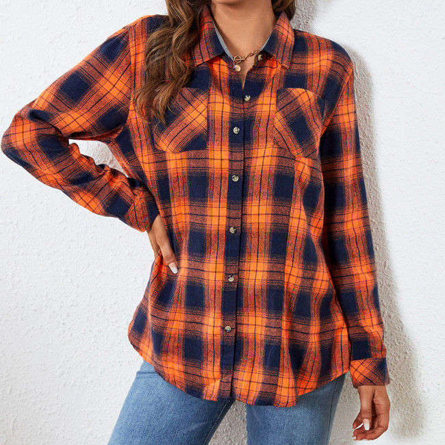 Women's Cotton Plaid Shirt Light Weight Long Sleeve Lapel Plaid Shirt