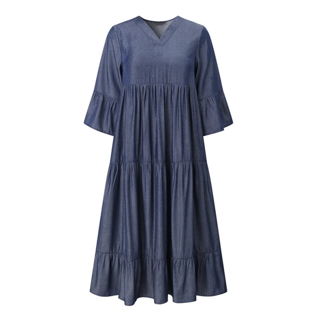 Women's Denim Maxi Dress V-Neck Ruffled Dress