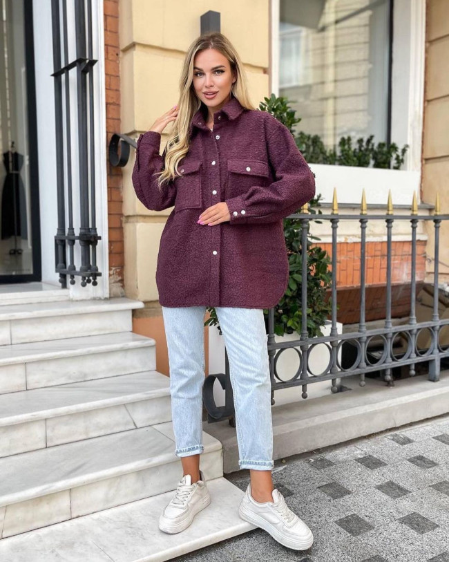 Women's Shacket Jacket Solid Color Lapel Single Breasted Shirt Jacket