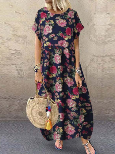 Women's Vintage Dress Crew Neck Short Sleeve Floral Print Maxi Dress