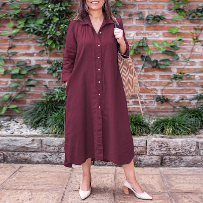 Women's Solid Cotton Linen Dress Lapel Long Sleeve Solid Single Breasted Maxi Dress