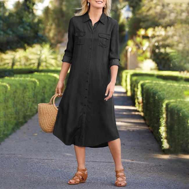 Women's Denim Maxi Dress Lapel Single Breasted Long Sleeve MaxiDress