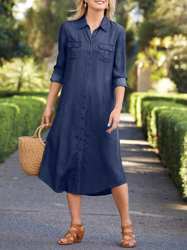 Women's Denim Maxi Dress Lapel Single Breasted Long Sleeve MaxiDress