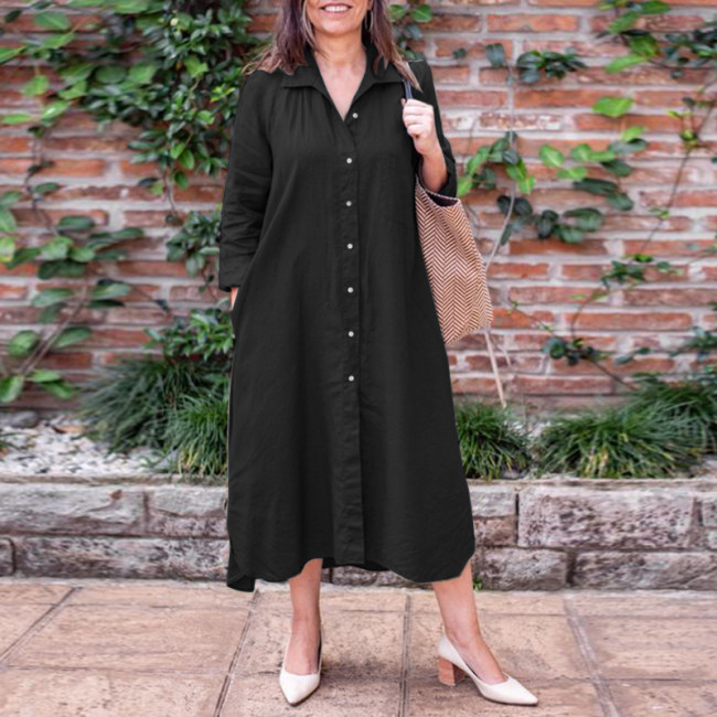 Women's Solid Cotton Linen Dress Lapel Long Sleeve Solid Single Breasted Maxi Dress