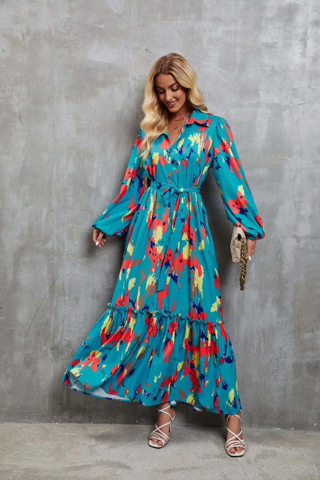 Women's Abstract Printed Single Breasted Lantern Sleeve Maxi Dress