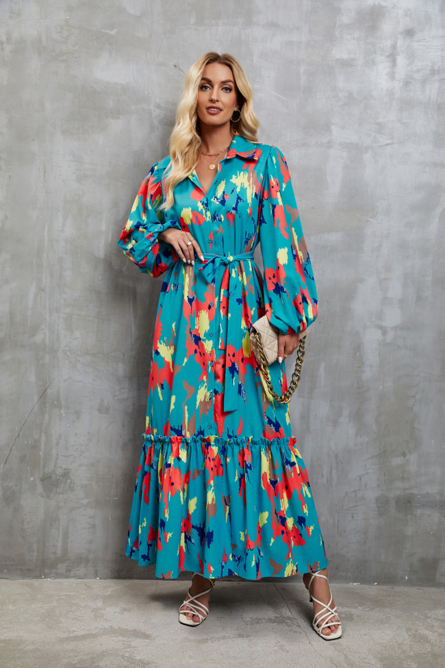 Women's Abstract Printed Single Breasted Lantern Sleeve Maxi Dress