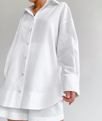 Women's Cotton Linen 2Piece Set Long Sleeve Lapel Shirt and Short Pant