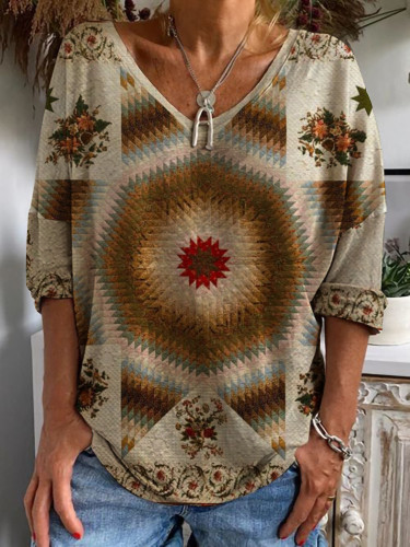 Women's Tribal Geometric Print T-Shirts Casual V-Neck Long Sleeve T-Shirt
