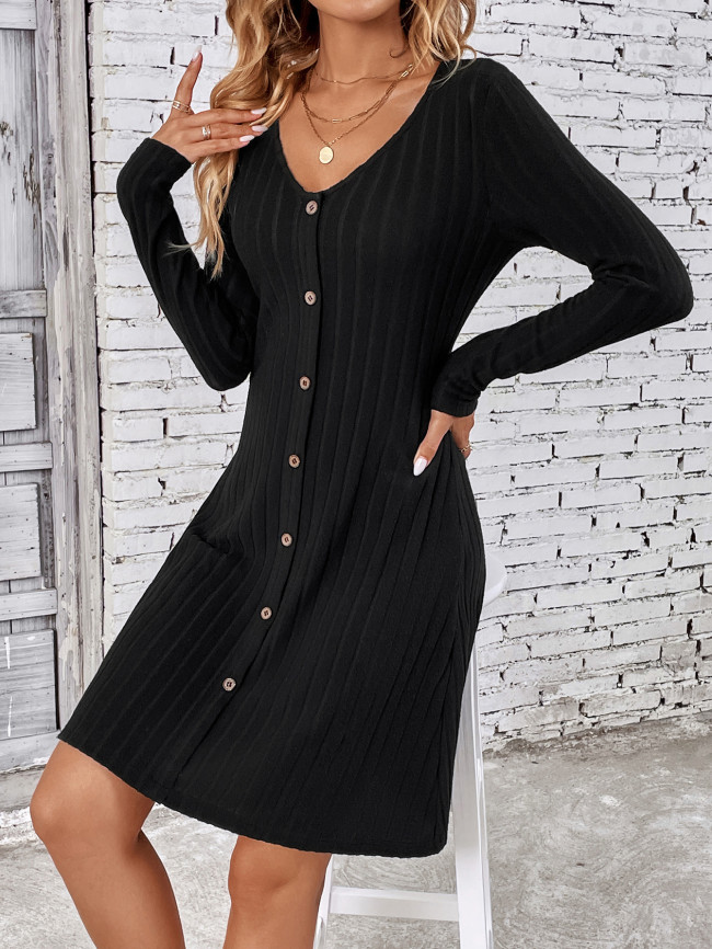 Women's V-Neck Solid Knitted Midi Dress