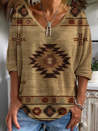 Women's Tribal Geometric Print T-Shirts Casual Long Sleeve T-Shirt